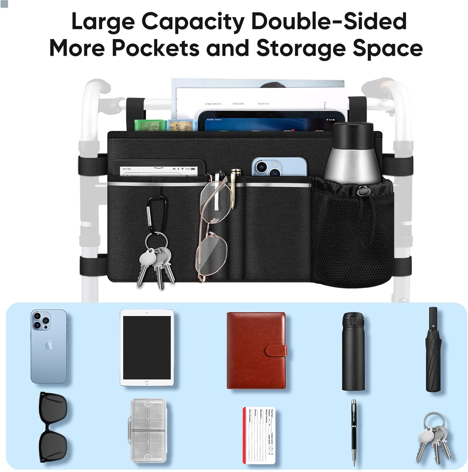 Large Walker Tote Bag Folding Walker Attachment Storage Basket Mobility Aid Acce