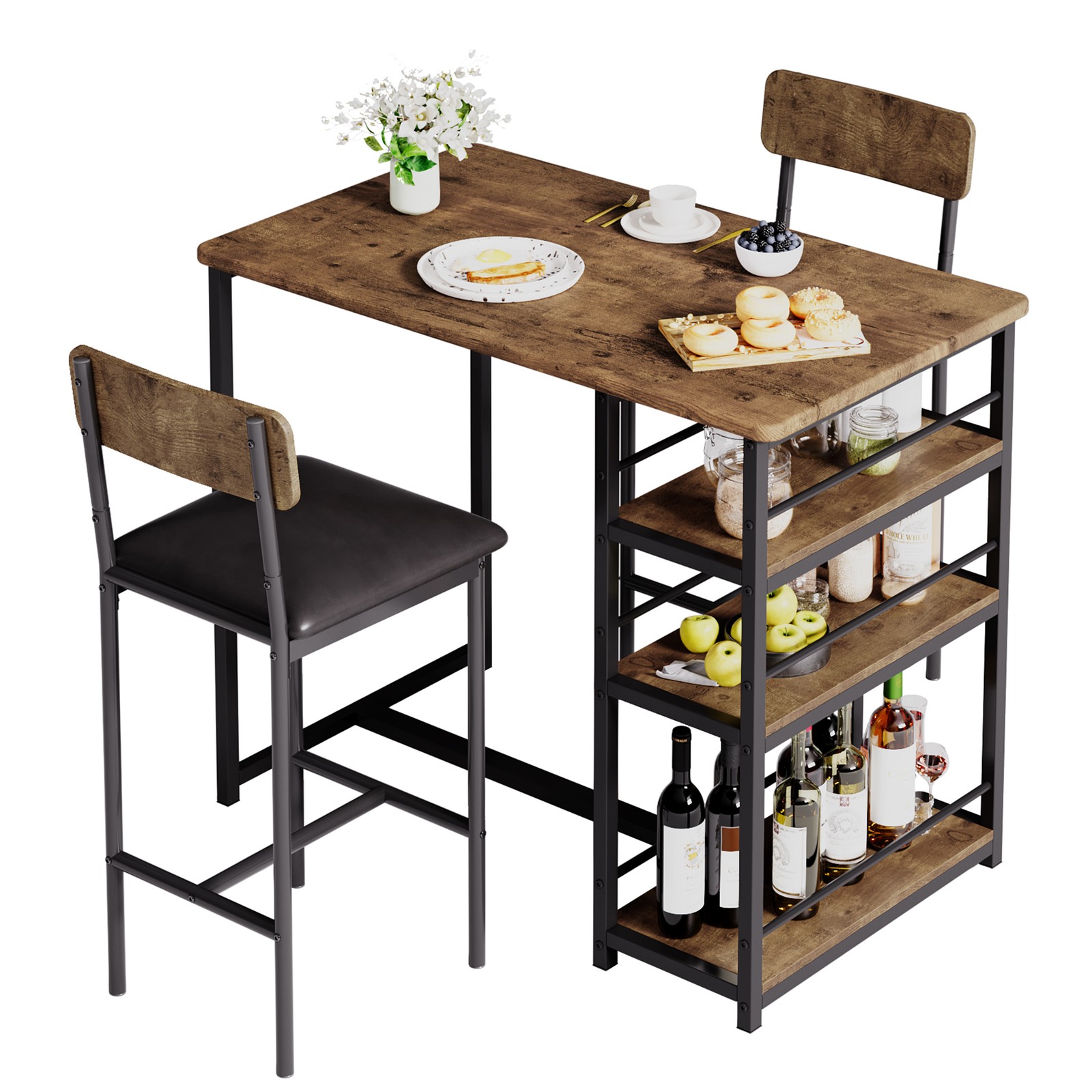 Bar Table Set with Storage Shelves,Dining Table Set ,Tall Nook,Cushion Stools