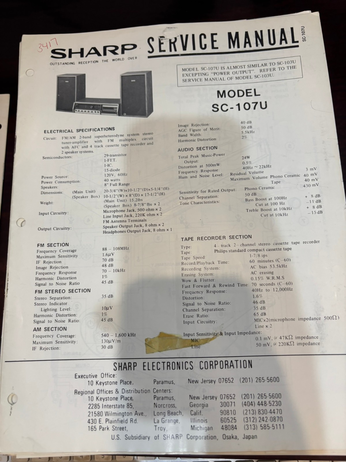 ORIG. SHARP SC-107U SC107U Repair & Service Manual *ORIGINAL*
