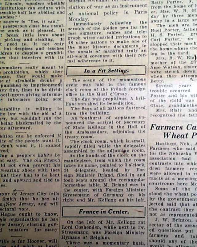 KELLOGG-BRIAND PACT Of Paris International Aggreement SIGINING 1928 Newspaper