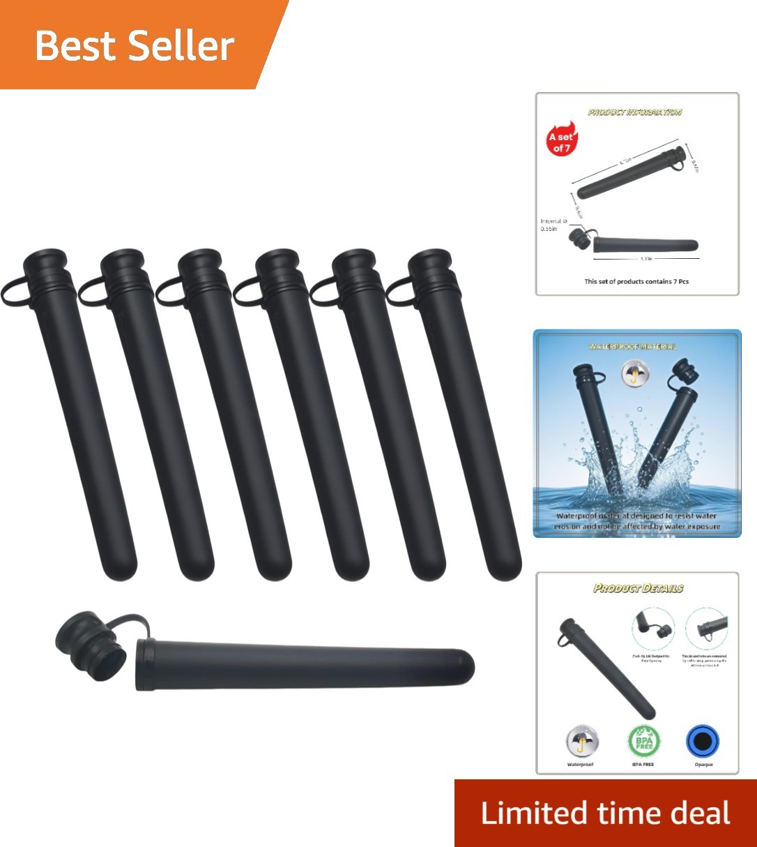 7-Pack Waterproof Smell Proof Storage Tubes - Discreet 4.7 Inch Black Containers