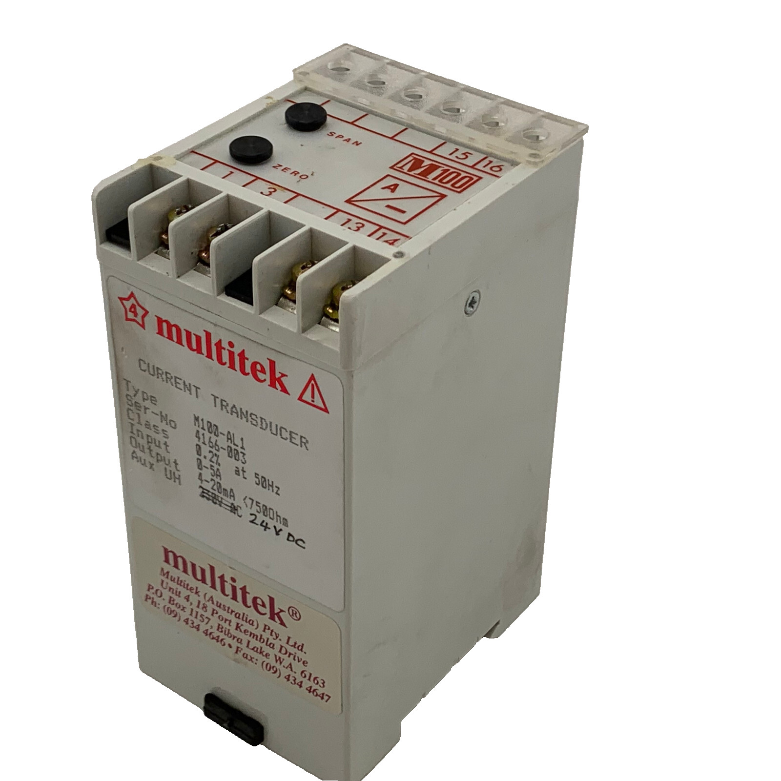 MULTITEK M100-AL1 Current Transducer In 0-5A Out 4-20ma, Supply 24VDC