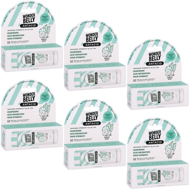 6 Packs: Wonder Belly Antacid Calcium Carbonate Chew Tablets: Mint (12 CT) 06/26