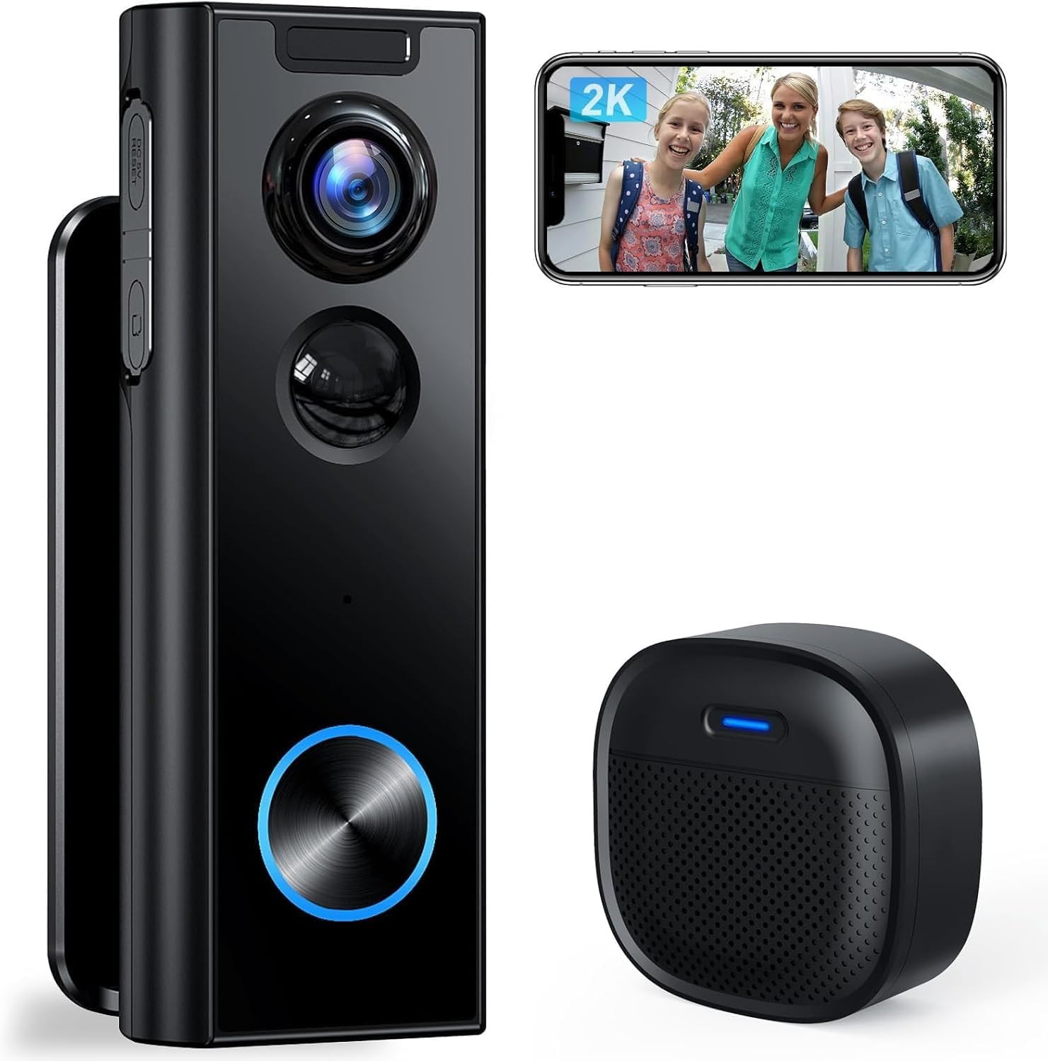 Wireless 2K Video Doorbell with Chime, 2-Way Audio, No Subscription Needed
