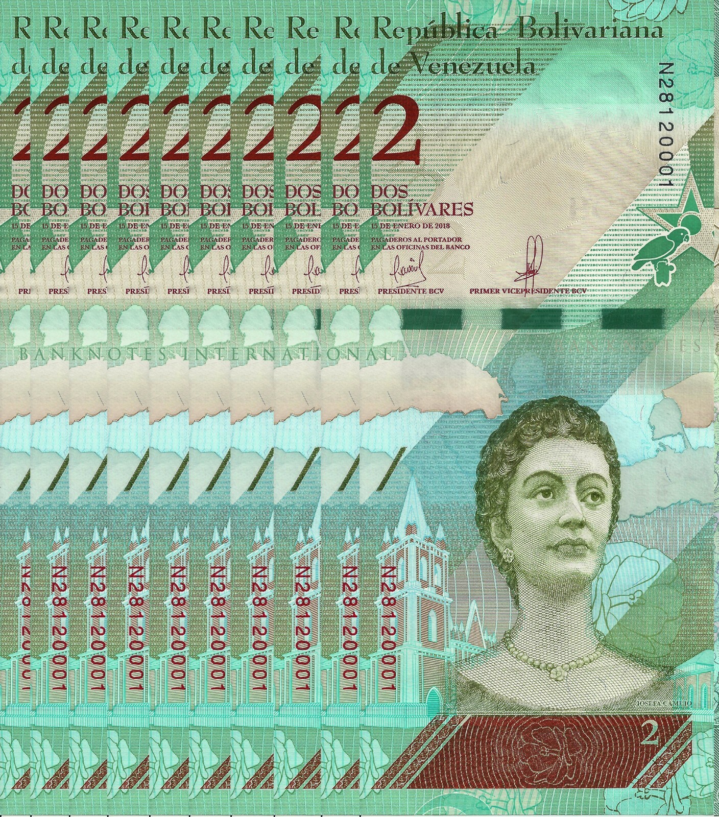 VENEZUELA 2 BOLIVARES SOBERANO 2018 P 101 UNC X 10 PCS