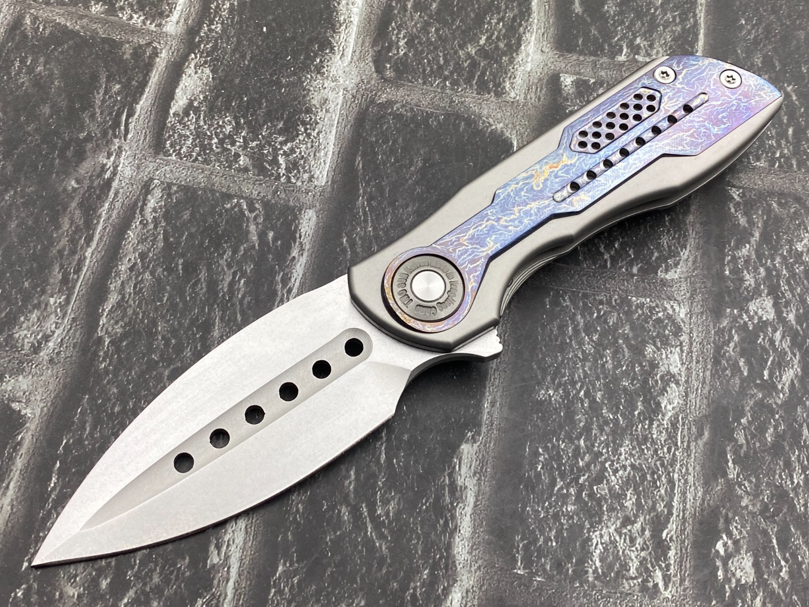 Twosun TS440-Blue-StoneW Folding Knife 14C28N Blade Titanium Handle Pocket Knife