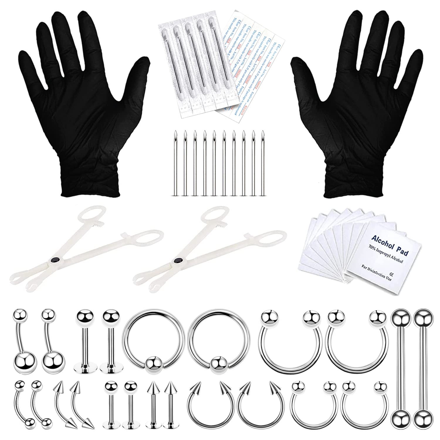 Body Piercing Kit 36PC Surgical Steel 14G 16G - Nose Lip Belly Tragus Eyebrow