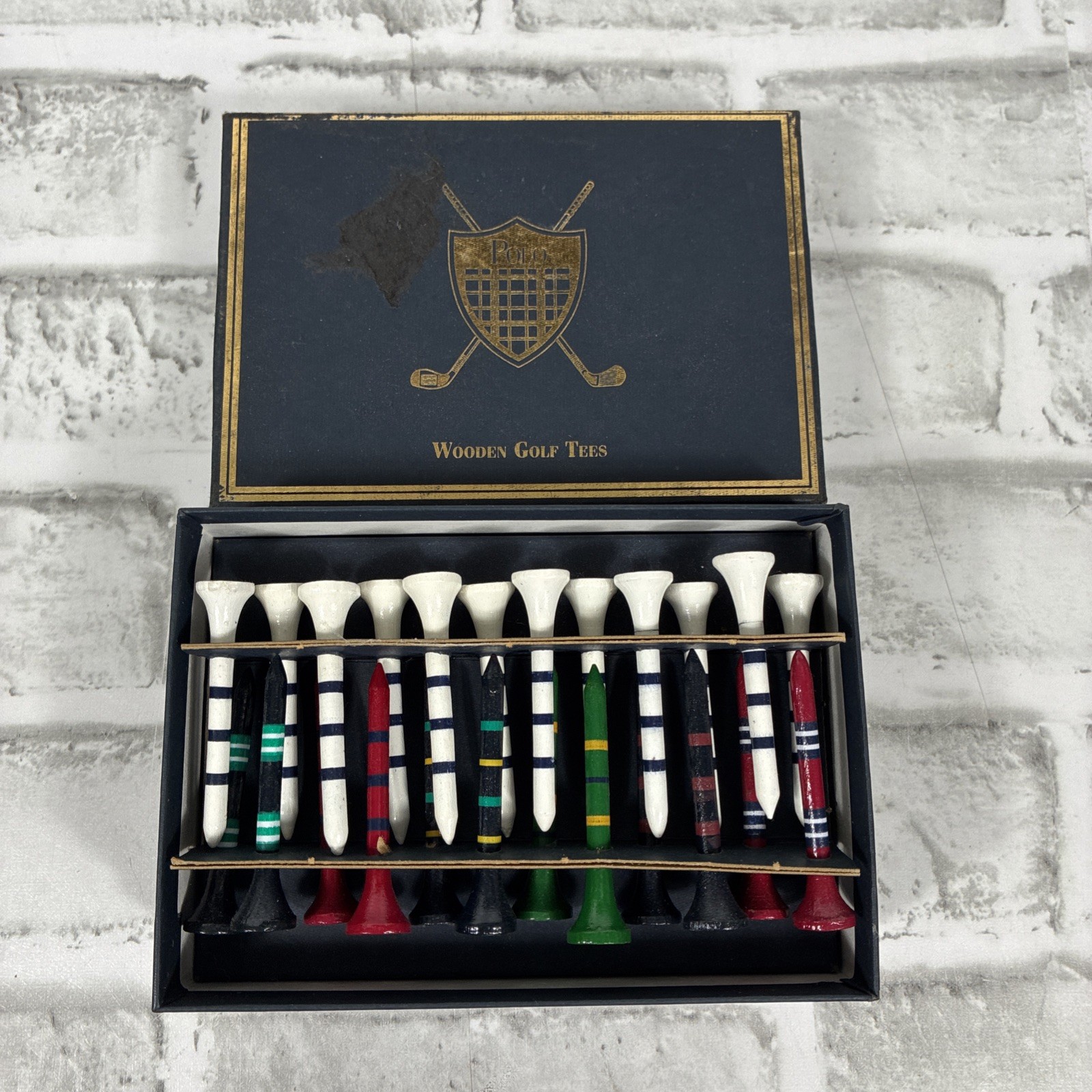 NIB Vintage Polo Ralph Lauren Golf Tees Box of 24 Wooden Multicolored Logo Tees