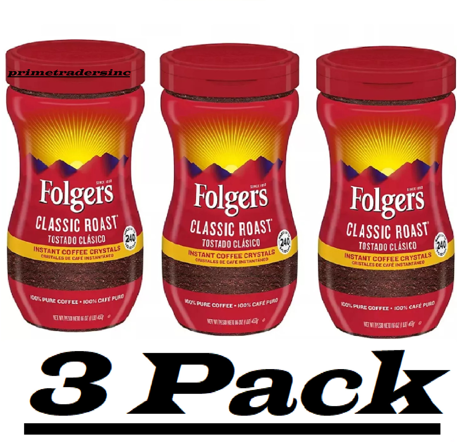 3 Pack - Folgers Classic Roast Instant Coffee Crystals, 16 oz.