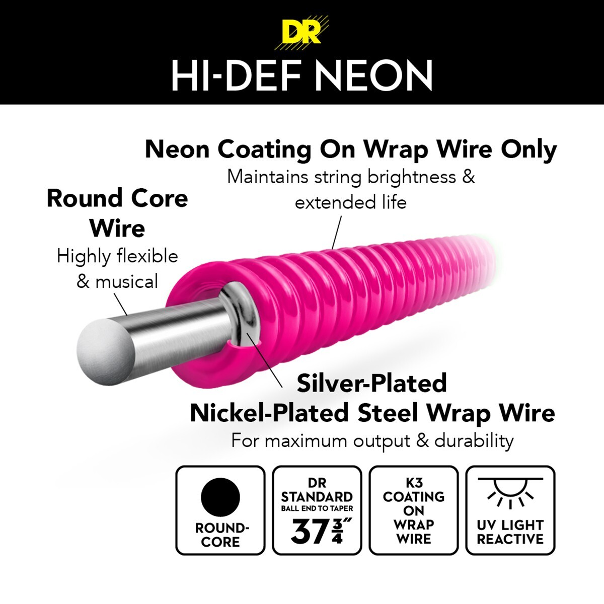 DR Strings Hi-Def NEON Mult-Color 4-String Bass Strings Light 40-100