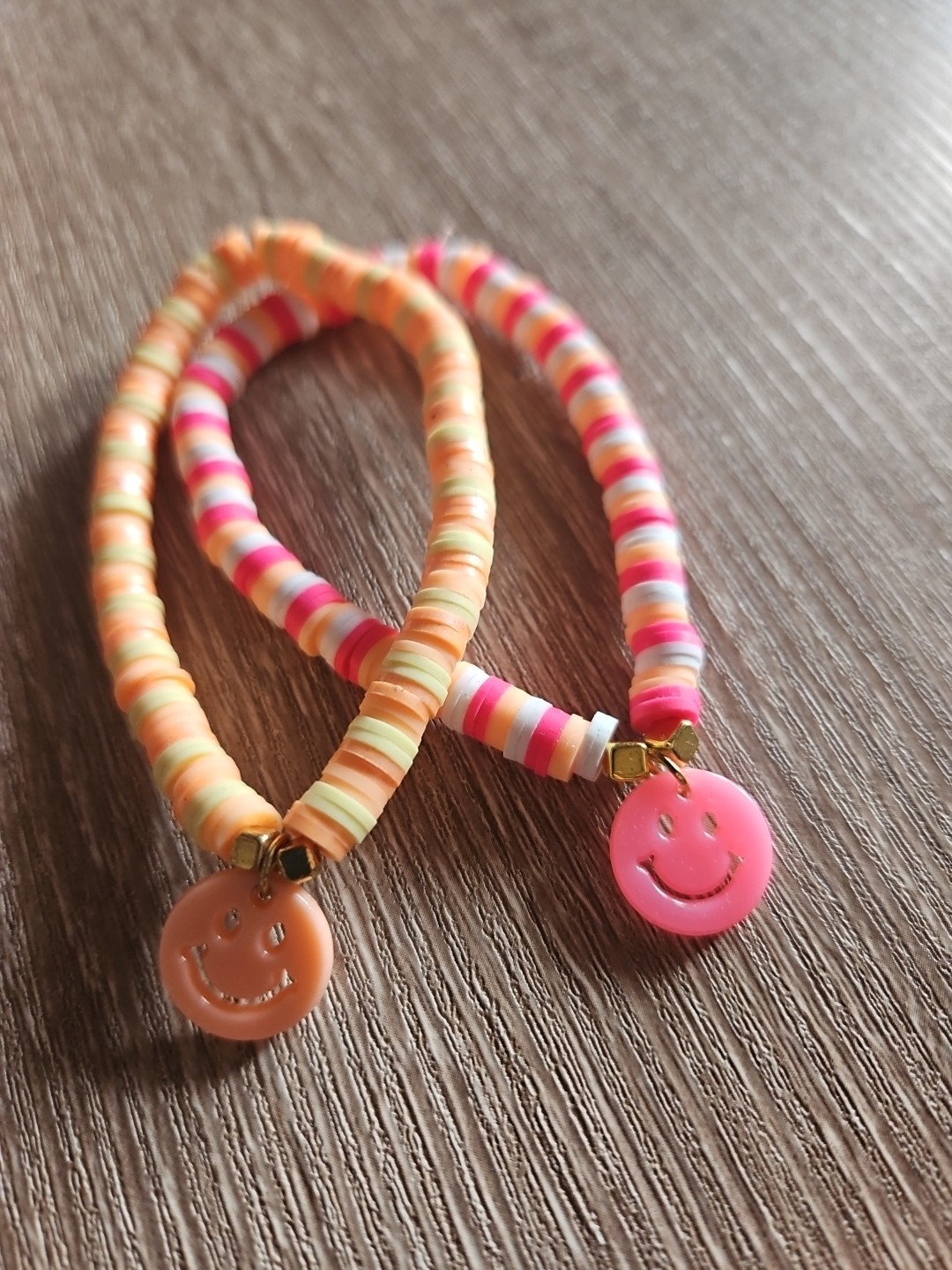 Handmade Smile Clay Beaded Stretchy Bracelets With Charm 6"  Multicolored