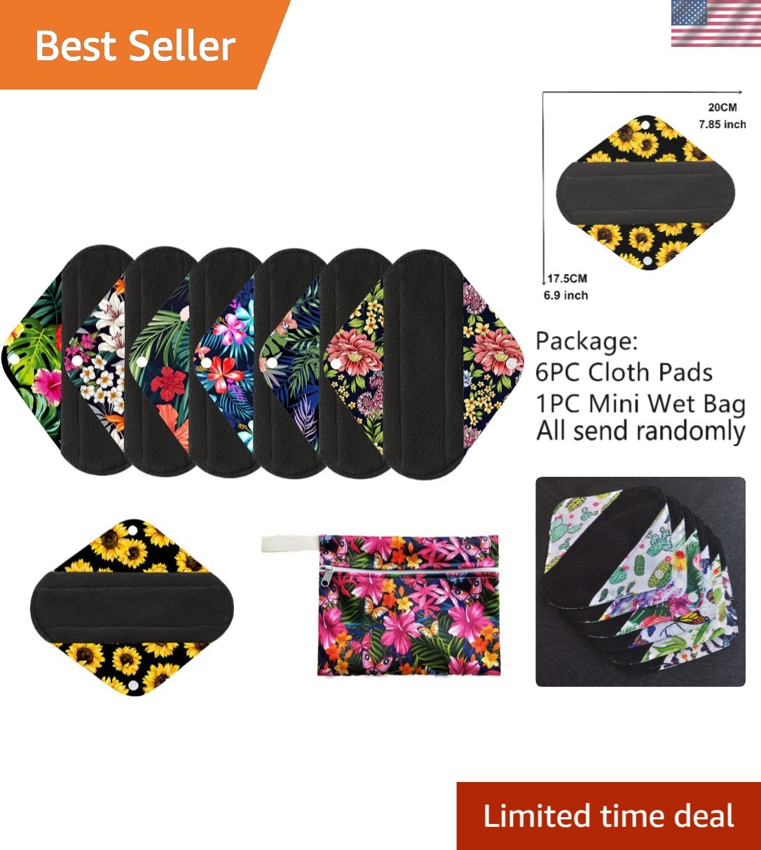 Bamboo Charcoal Menstrual Pad Set: 6 Washable Pads + Wet Bag for Sustainability