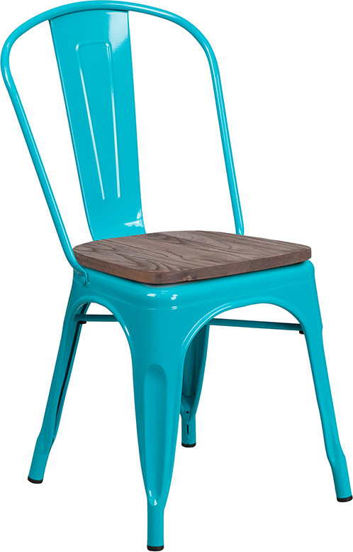 Industrial Style Teal Blue Metal Stackable Restaurant Chair with Wood Seat