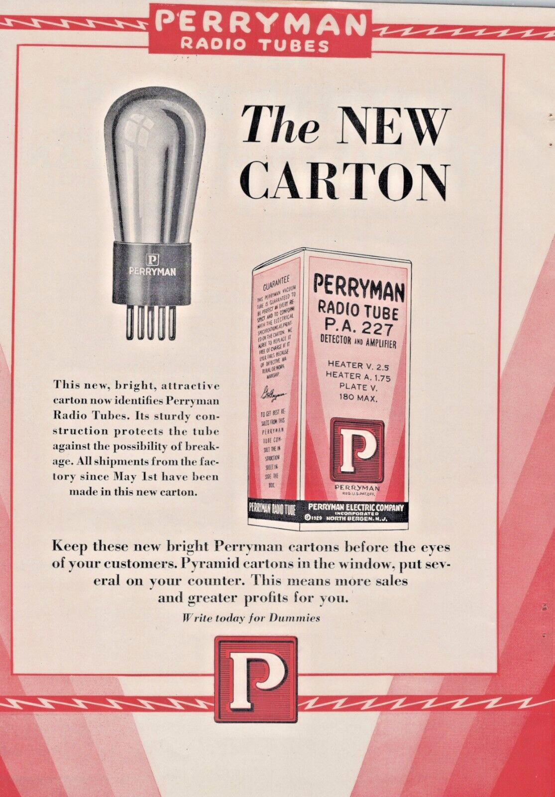 Vintage 1929 Art Deco Perryman Radio Tube PA 227 Paper Advertisement