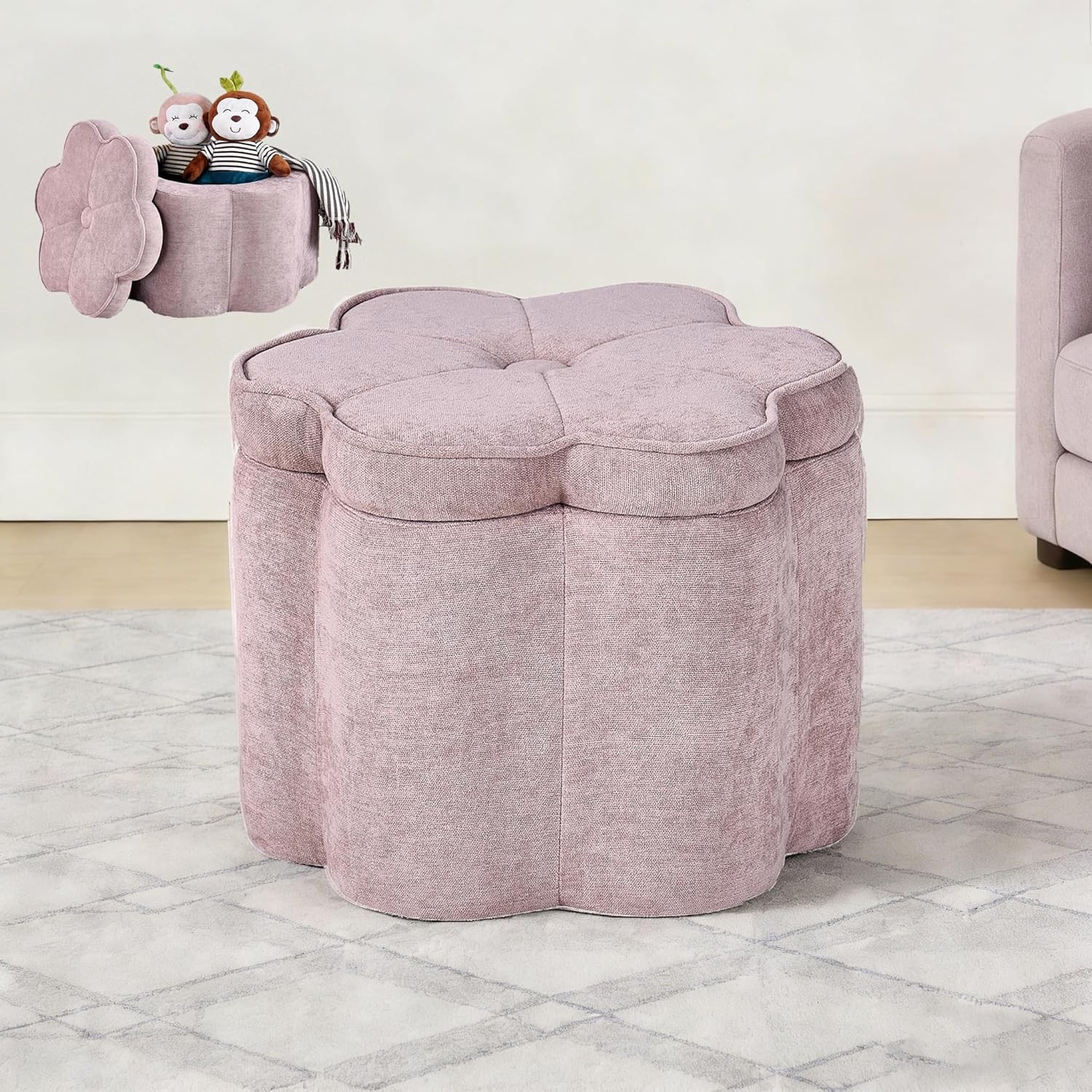 Small Pink Storage Ottoman Flower Shape Chenille Ottoman Pouf