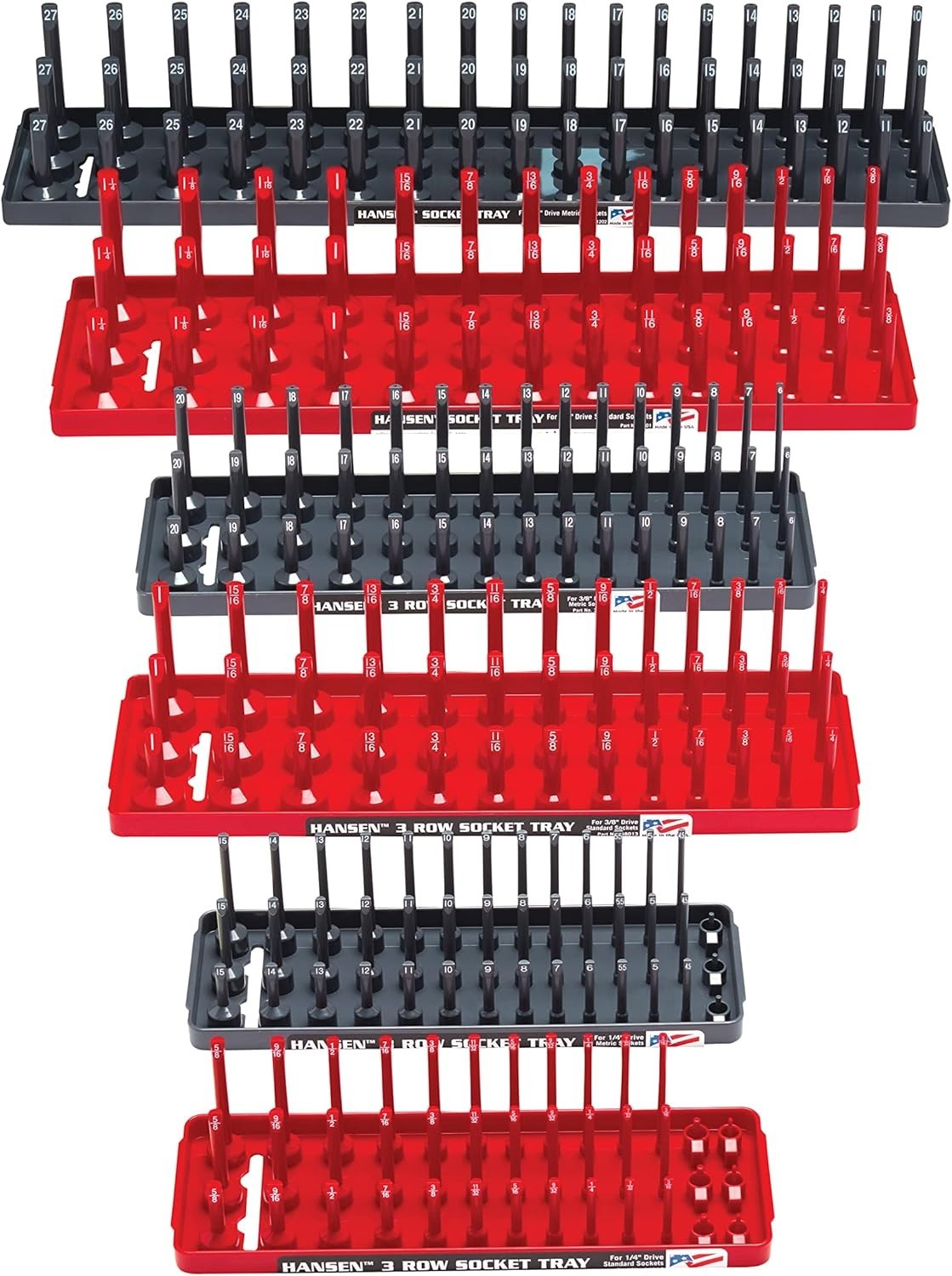 Hansen 6pc Socket Holder Tray Organizer Set 3 Row 1/4" 3/8" 1/2" Deep Shallow