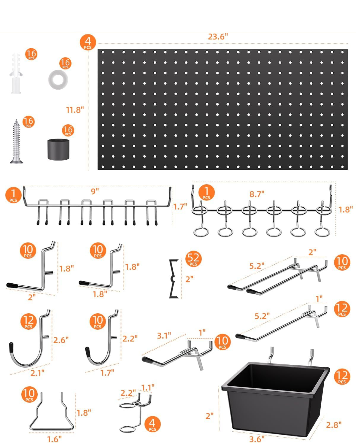 158PCS Metal Pegboard Wall Organizer, 48X24 Inch Black Pegboard Panels Tool