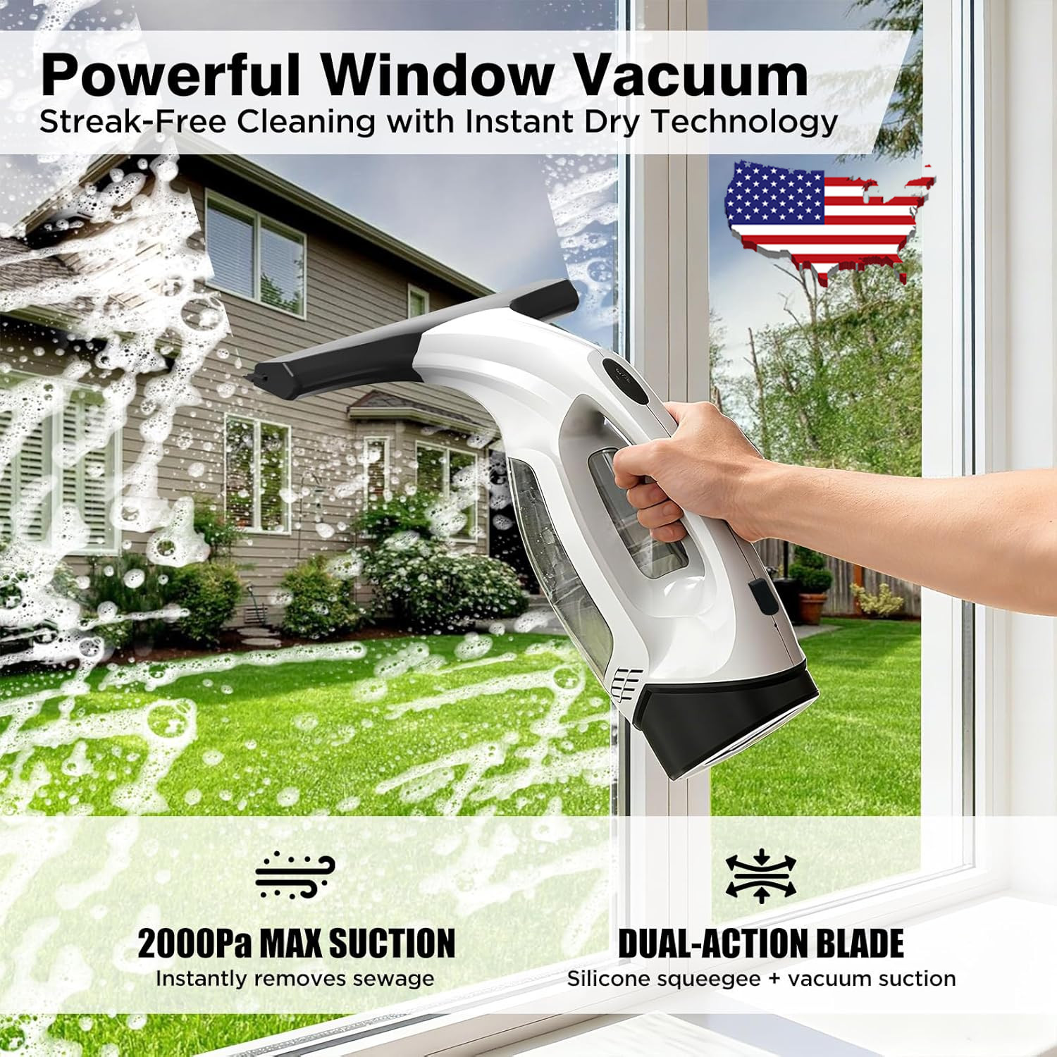 Window Vacuum Squeegee Cordless, 2000Pa Electric Window Cleaner Tool with Tank