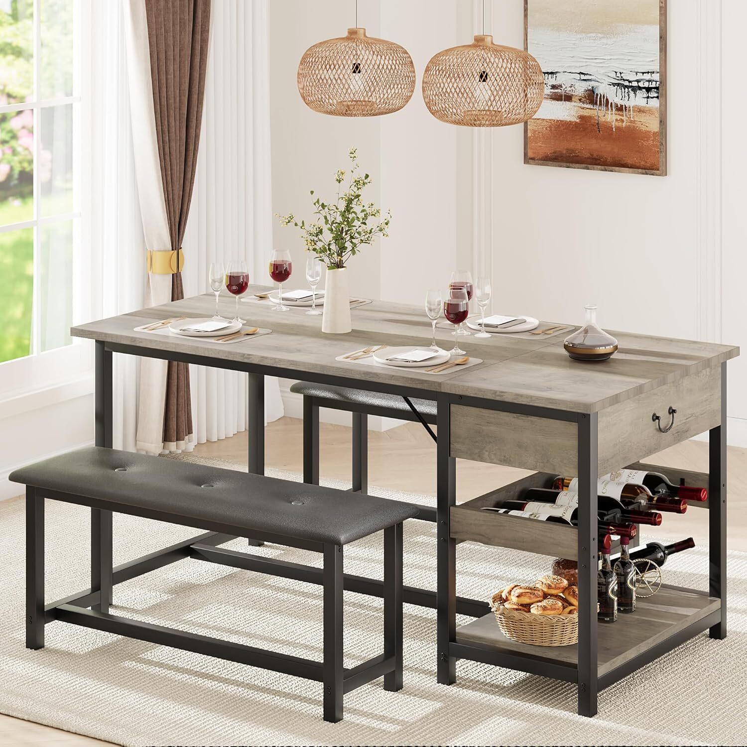 New Dining Table Set for 4 Kitchen Table and 2 Benches, Drawers ,Wine Rack ，Grey