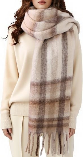 Women's Winter Scarfs, Mohair Vintage Scarf for 82.67"x13.8", Khaki & Beige