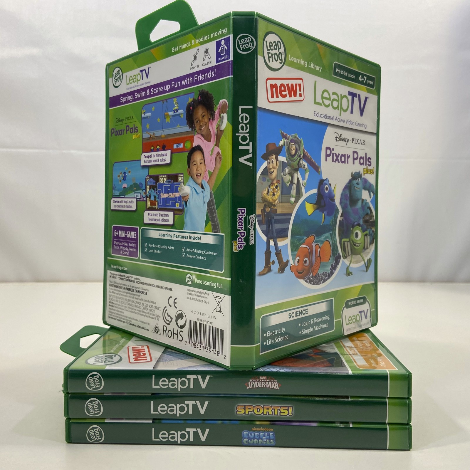 4 Leap Frog LeapTV Games Bubble Guppies Pixar Pals Ultimate Spider-Man Sports