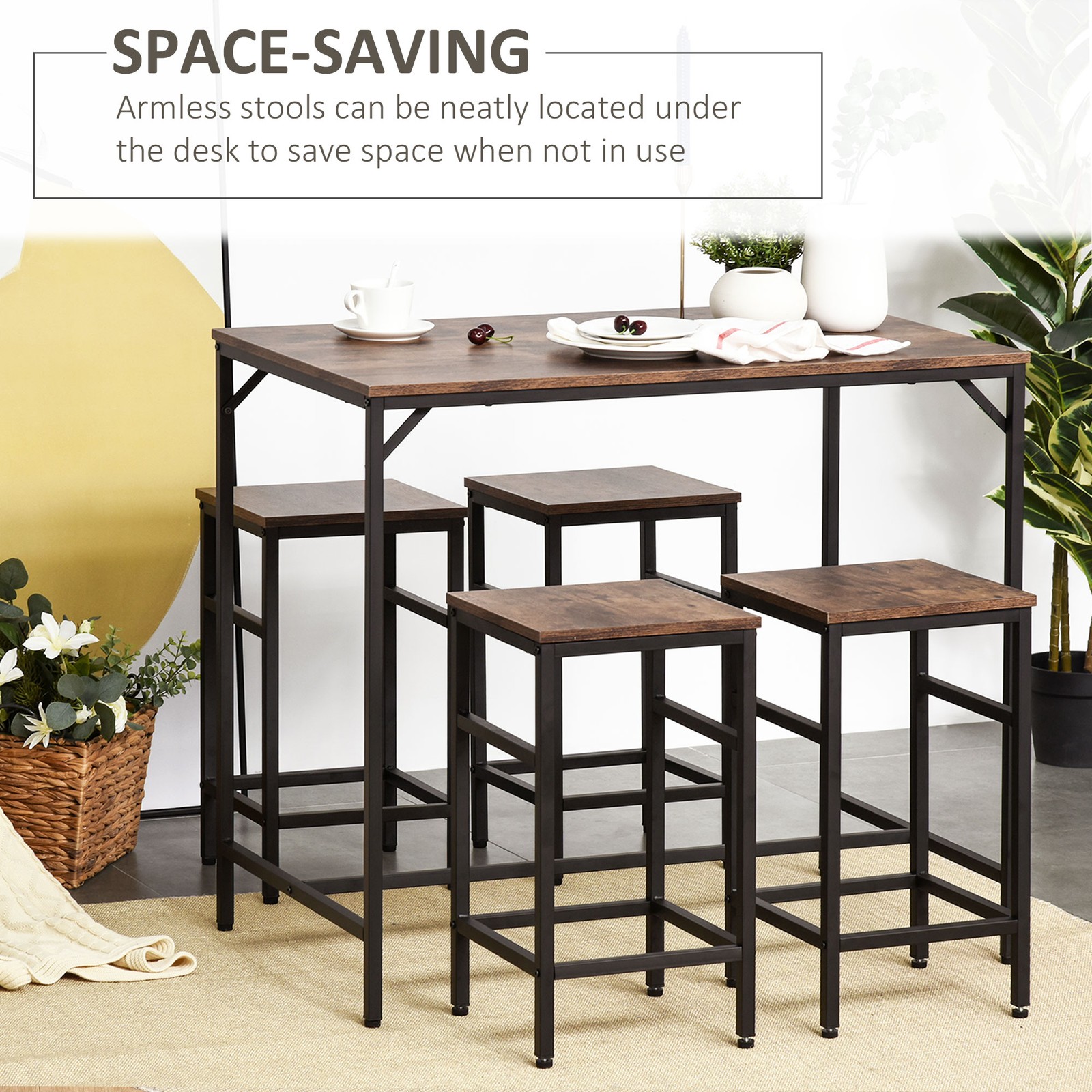 5-Piece Industrial Dining Table Set, Bar Table & 4 Stools Set, Space Saving