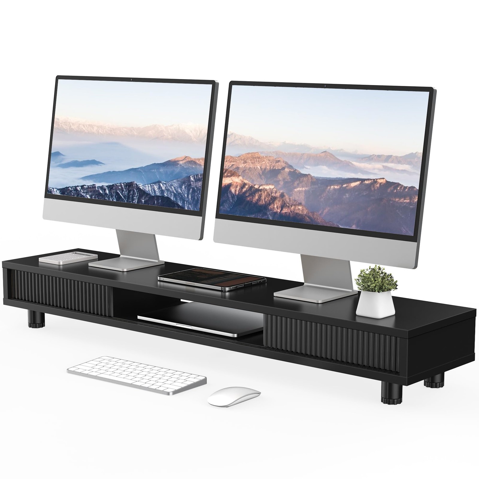 42.5 Inch Dual Monitor Stand Riser 2 Tier Desk Shelf Storage Organizer Door