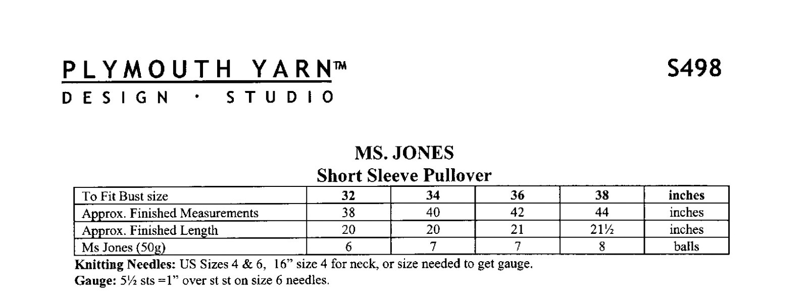 Plymouth Knitting Pattern S498 Ms. Jones Short Sleeve Pullover