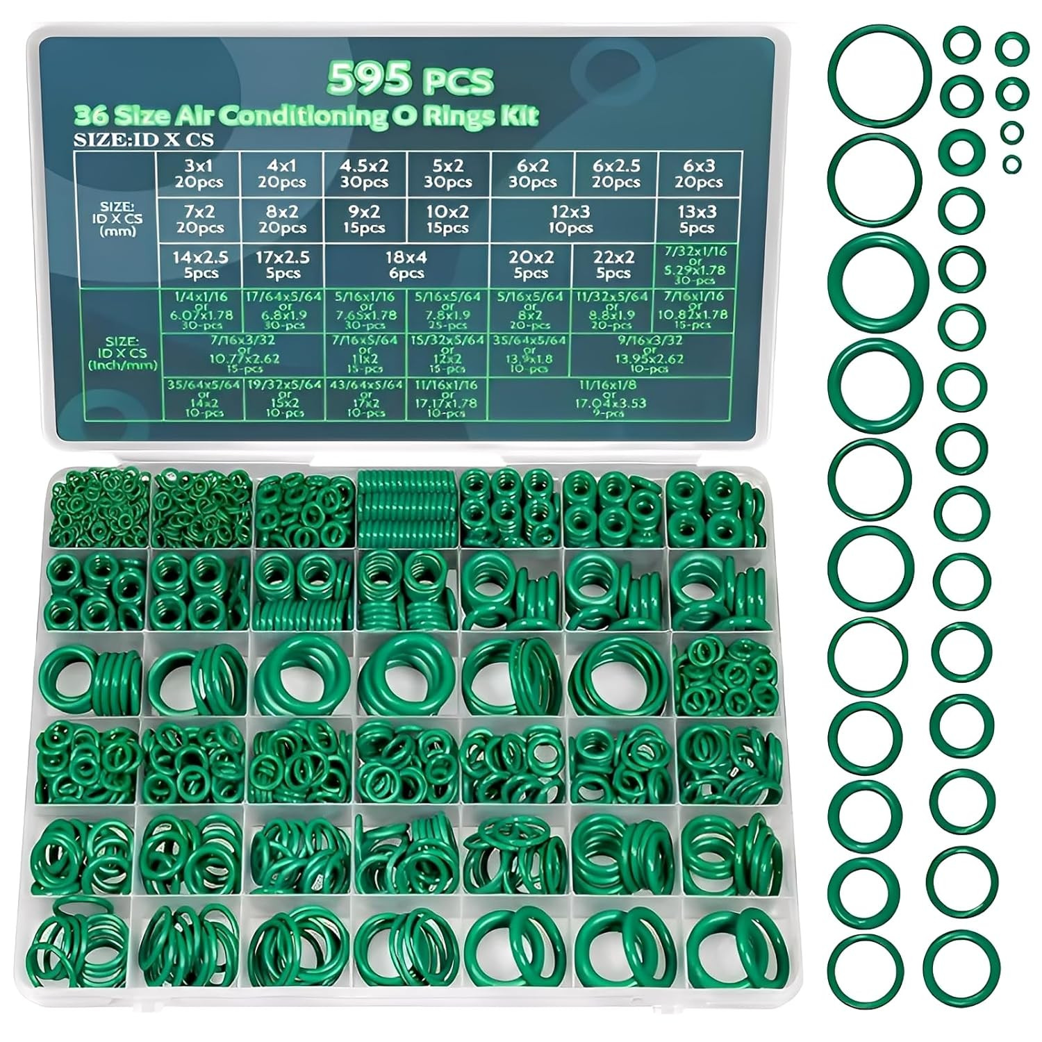 595Pcs of 36 Varieties of Metric and SAE Air Conditioning O-Ring Seal Kit in Nit
