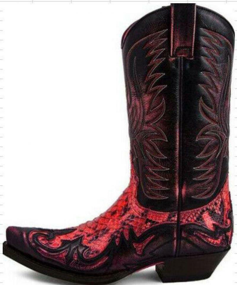 Mens Retro Embroidered Mid Calf Western Cowboy Color stitching Boots Shoes