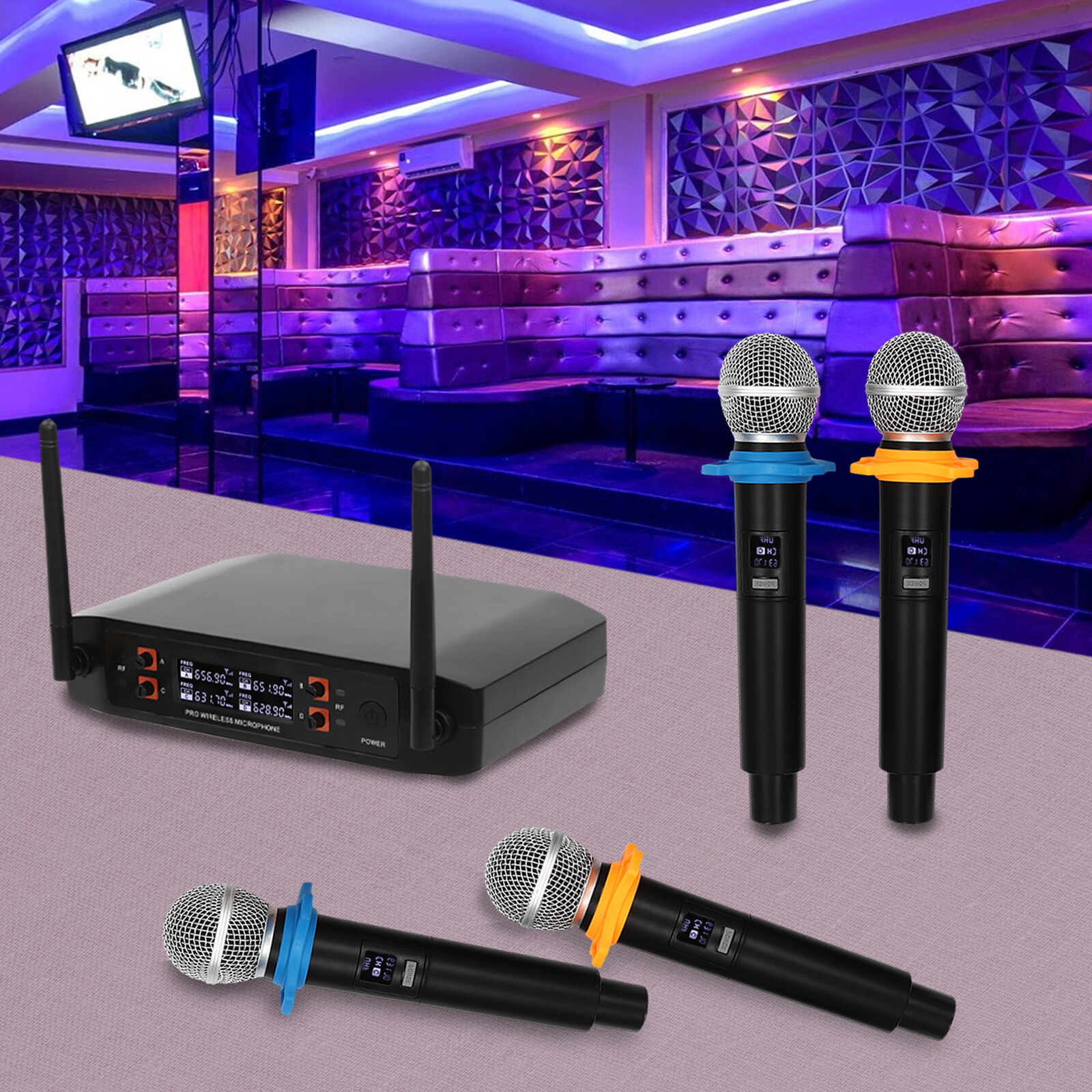 4 Channel UHF Wireless Microphone Pro Audio System Handheld Dynamic Mic Party