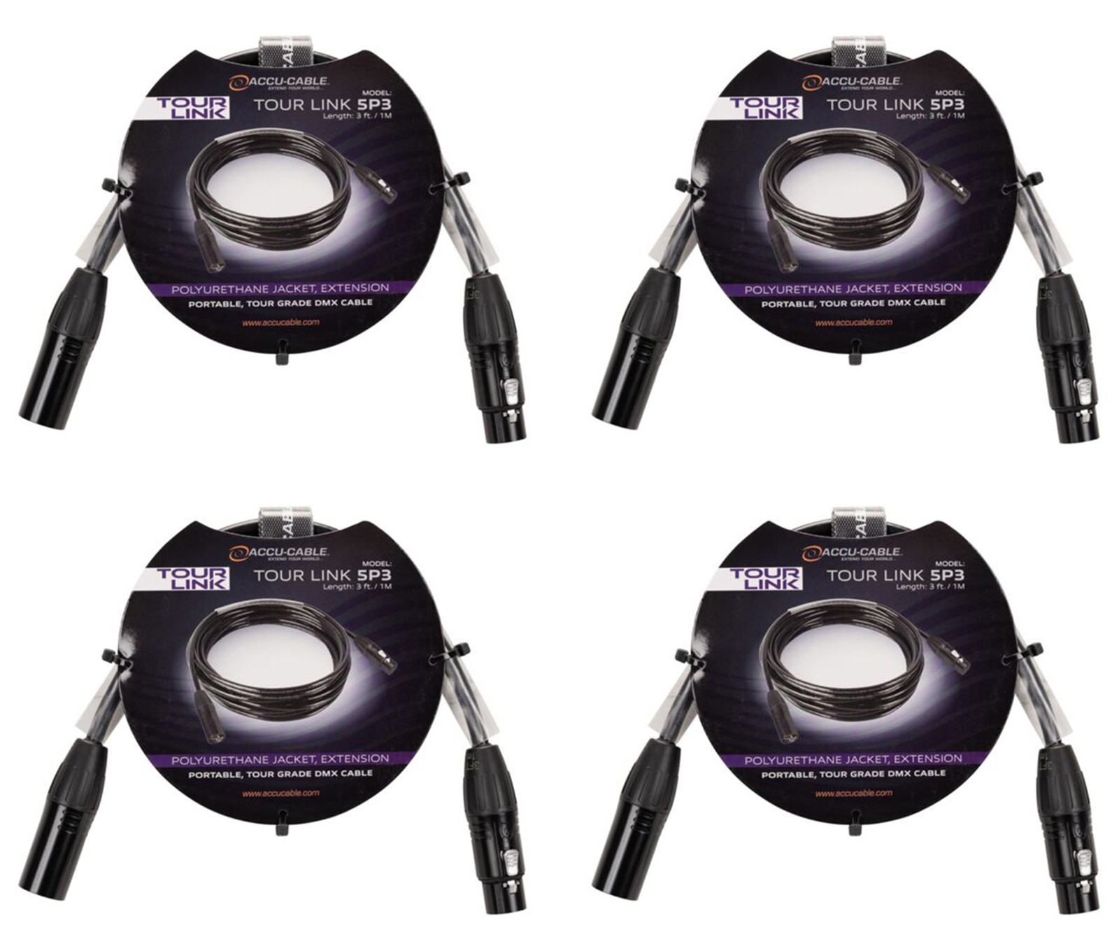 (4) Accu-Cable TOUR LINK 5P3 3 Foot 5-Pin Male To Female DMX Lighting Cables ADJ