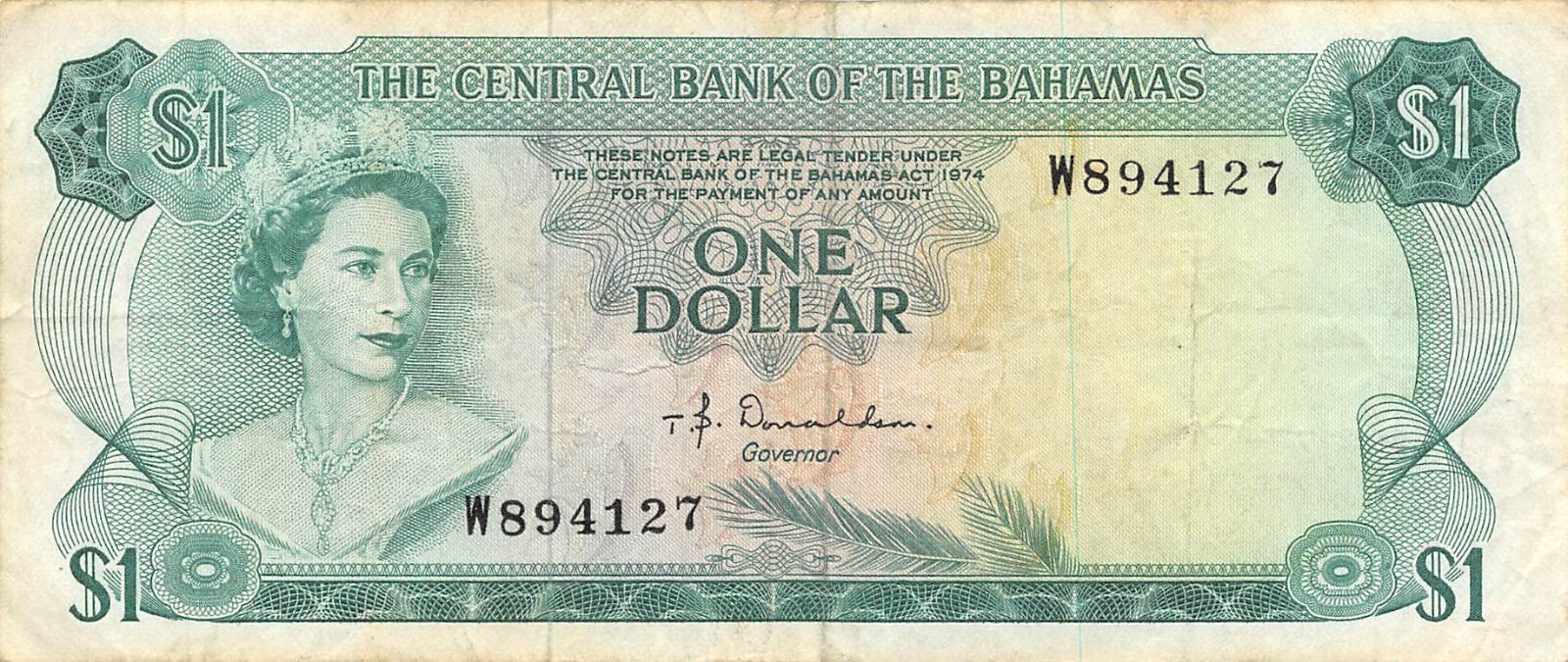 Bahamas  $1   Act. 1974   Series  W  Que. II  Circulated Banknote 2D2