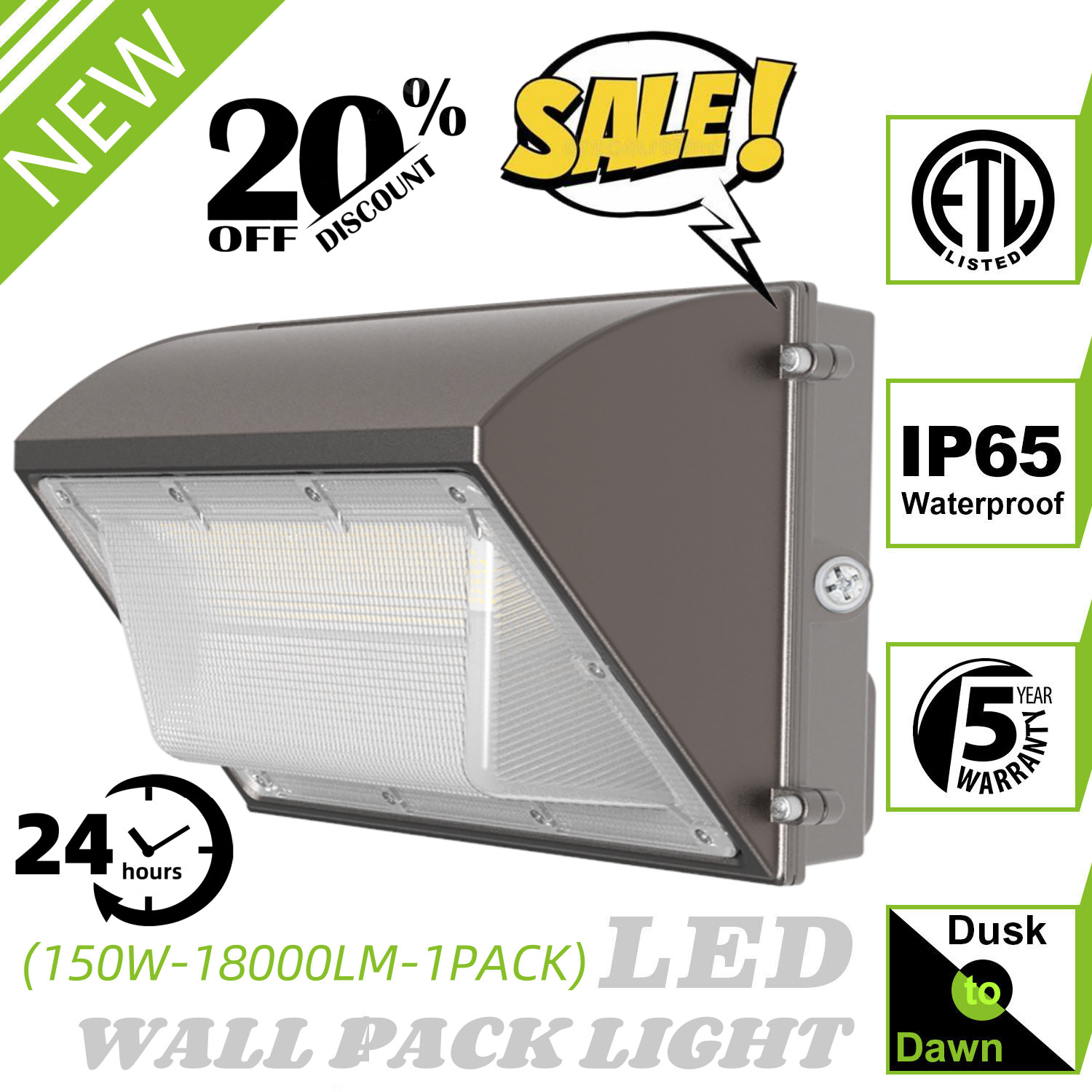 LED Wall Pack Light 150W 5000k White Outdoor Security Lighting Fixture IP65