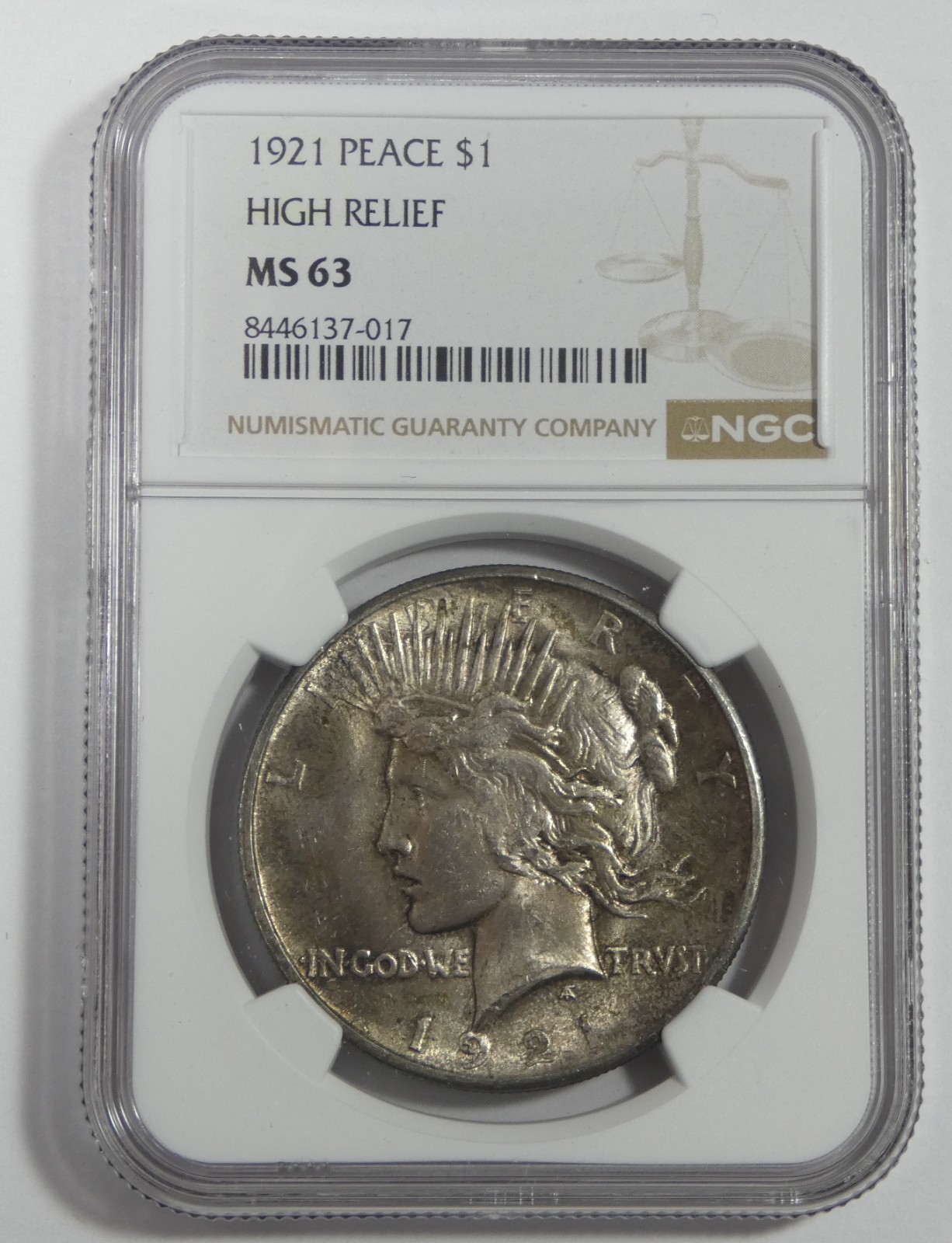 1921 High Relief Peace Dollar CERTIFIED NGC MS 63 Silver Dollar