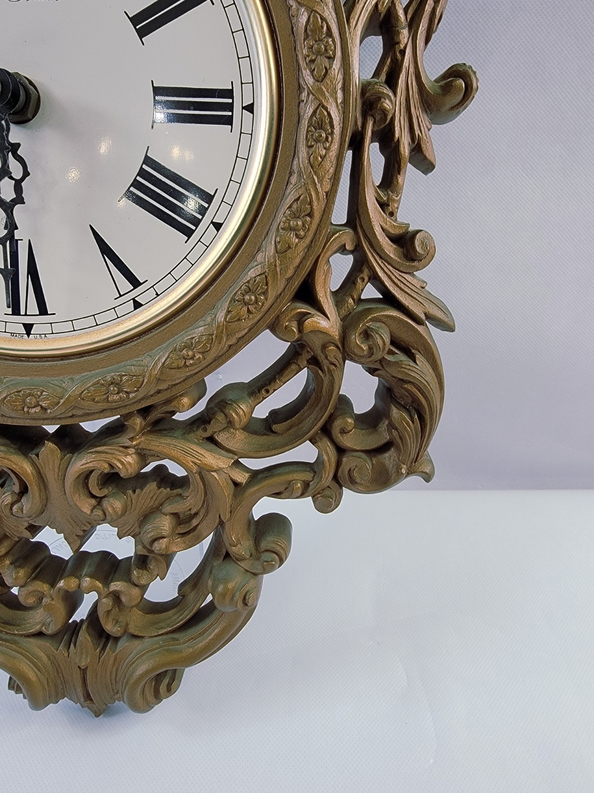 1980 Burwood New Haven #2481 21" Ornate Gold Hanging Wall Clock & 2 1970 Cherubs
