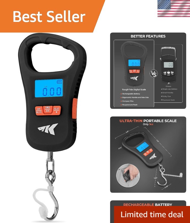 ToughTide Fishing Scale, USB Charging, 65lb Capacity, Ultra-Thin Digital Fish...