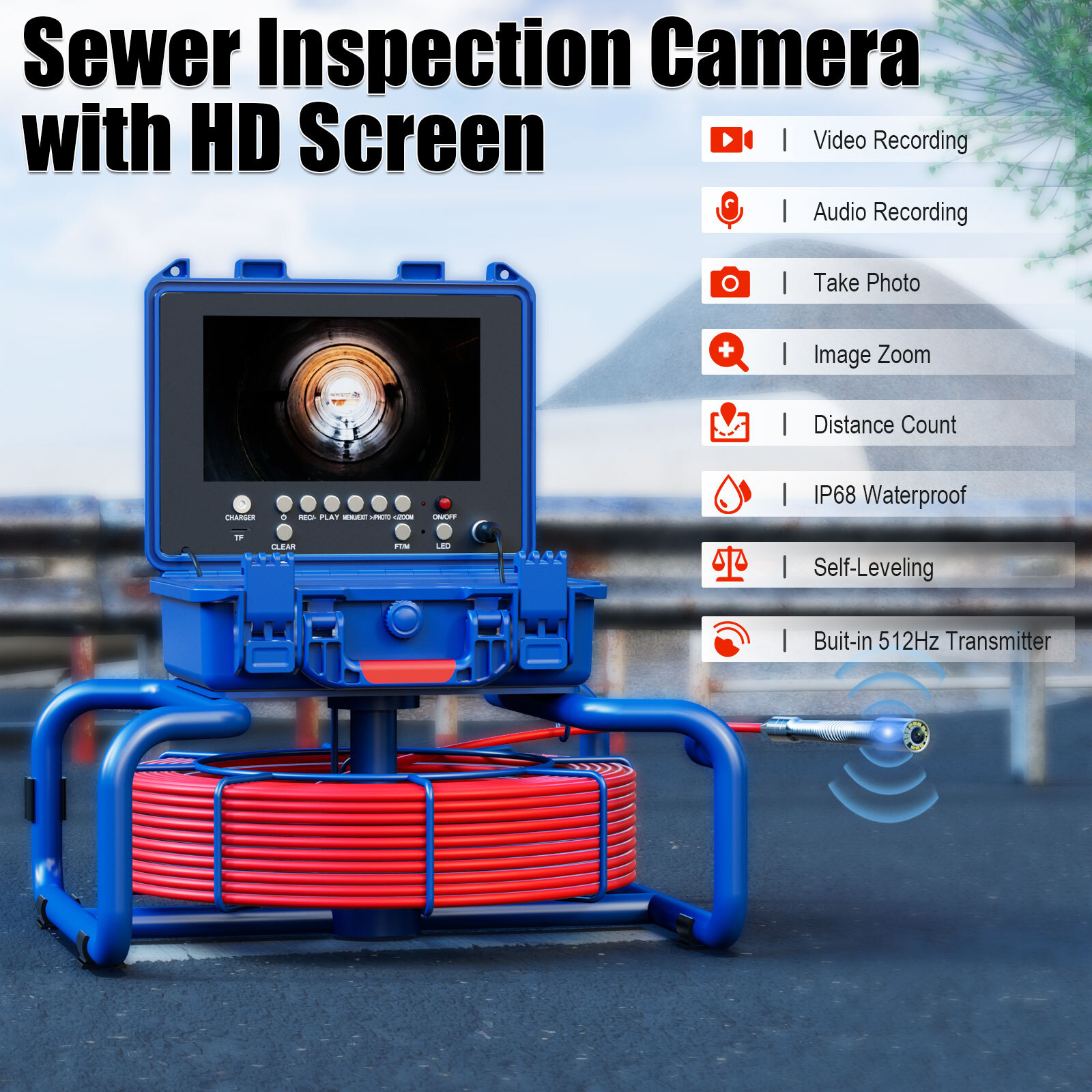Sewer Camera w/ 512Hz Self Leveling 98FT/30M HD Drain Pipe Inspection Camera