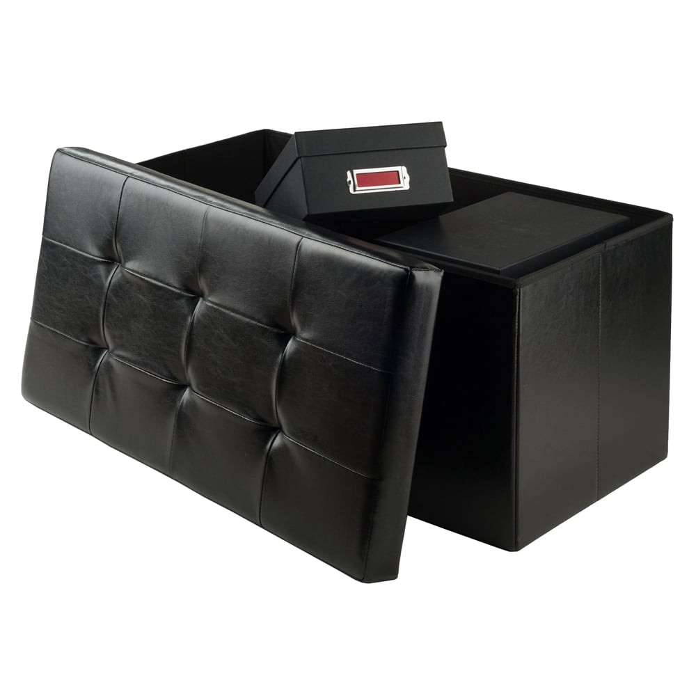 Wood Ashford Rectangular Storage Ottoman Black Faux Leather