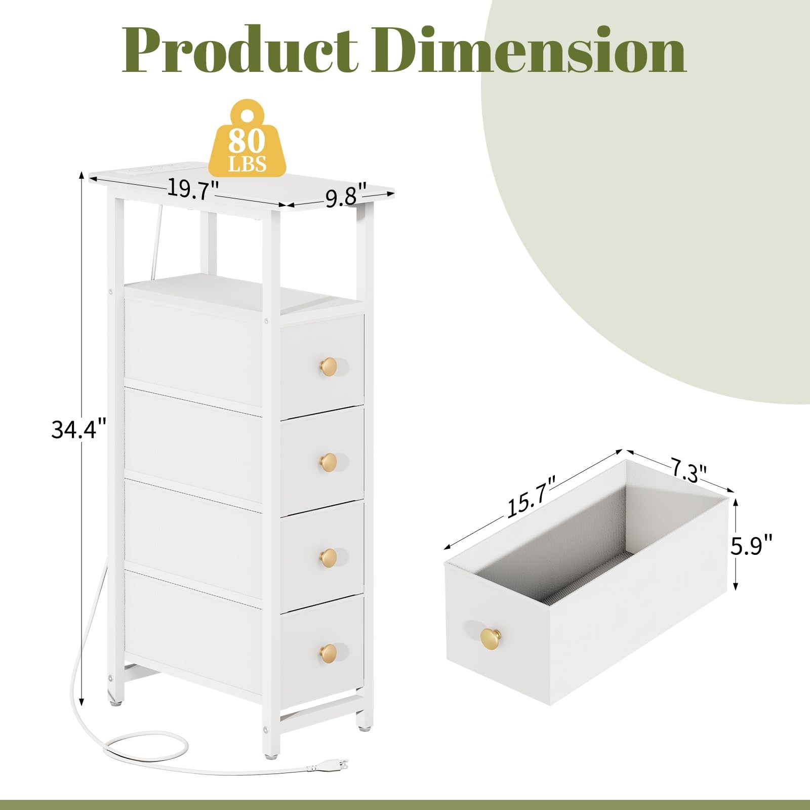 Yoobure LED Narrow Nightstand with Charging Station - Slim Dresser for Bedroo...