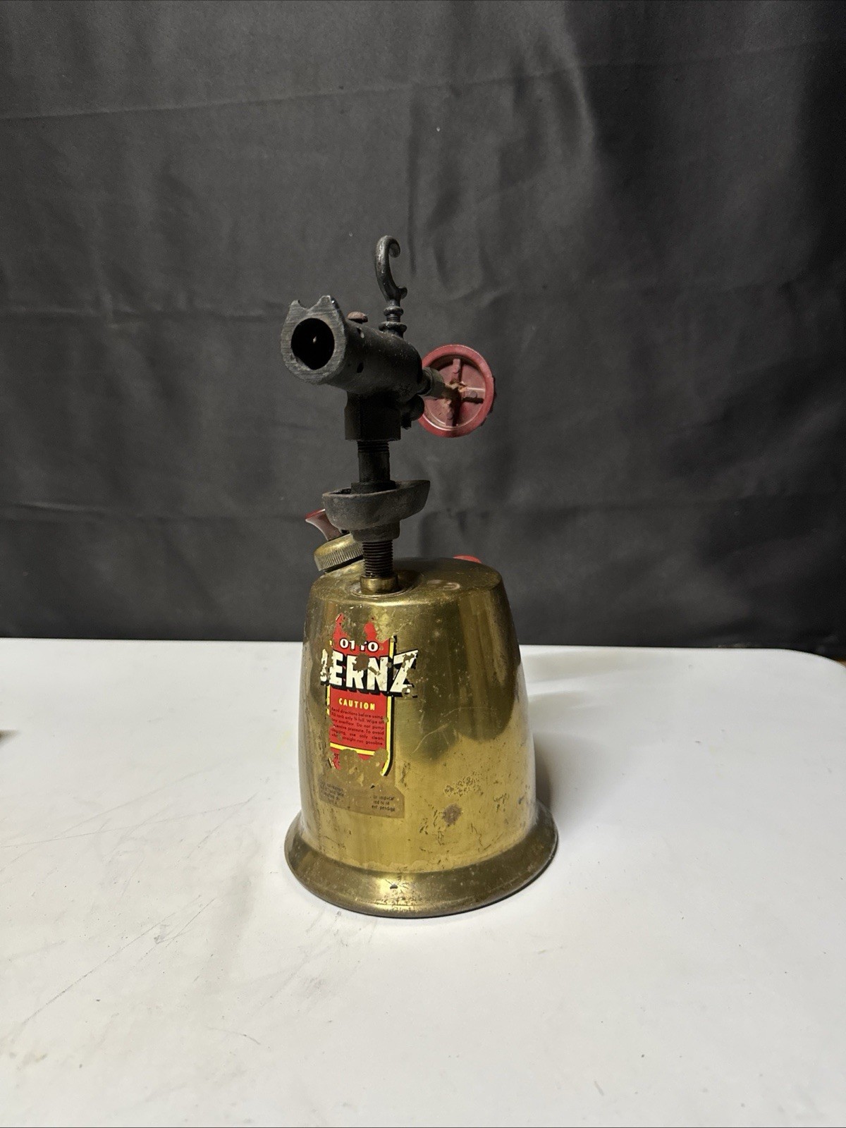 Vintage  Brass Otto Bernz  Torch Red Wood Handle