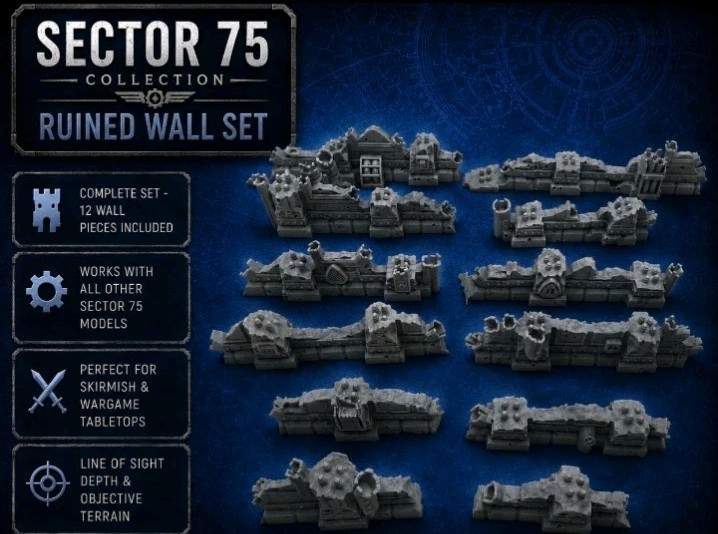 War Torn Sector 75 Modular Sci-Fi Ruined Wall Set -32mm Scale -Terrain