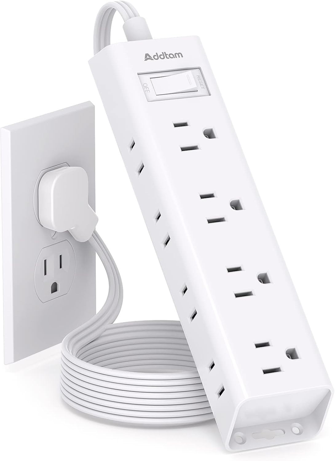 Compact 12-Outlet Flat Plug Power Strip, Wall Mountable with 3 USB Ports