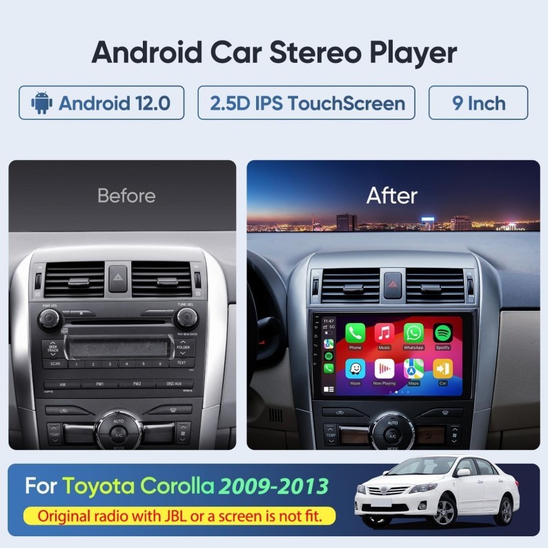 FOR 2009-2013 TOYOTA COROLLA Apple Carplay Android 13 Car Stereo Radio GPS Navi