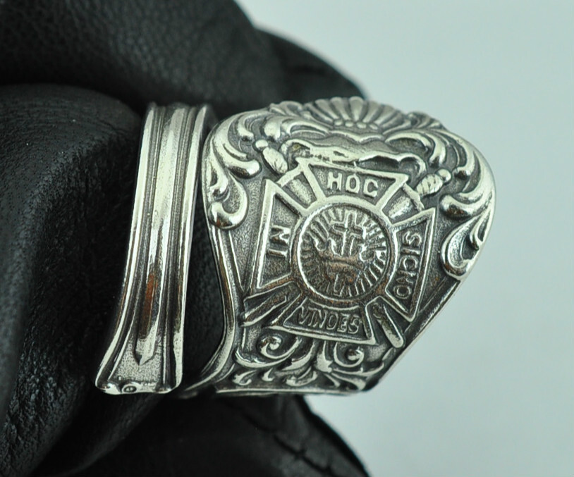 Solid 925 Sterling Silver Masonic Freemason Knight Templar Adjustable Spoon Ring