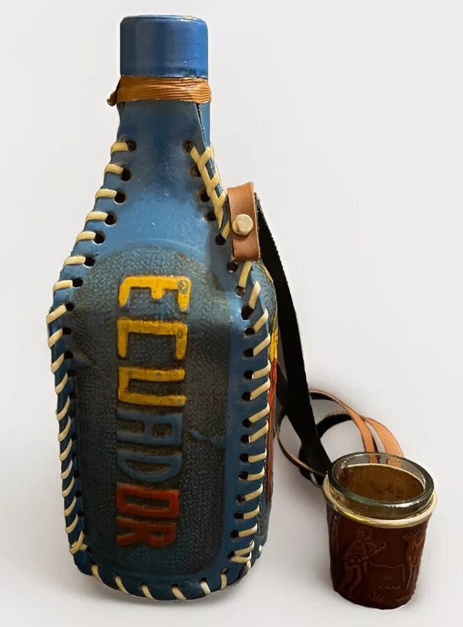 Handmade ECUADOR- Leather Bottle W/ Strap & Shot Glass