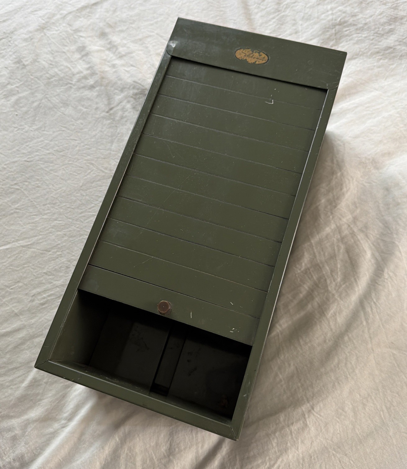 VERY RARE VINTAGE METAL MILITARY SLIDE ROLL TOP FILING BOX TRANSPORTABLE