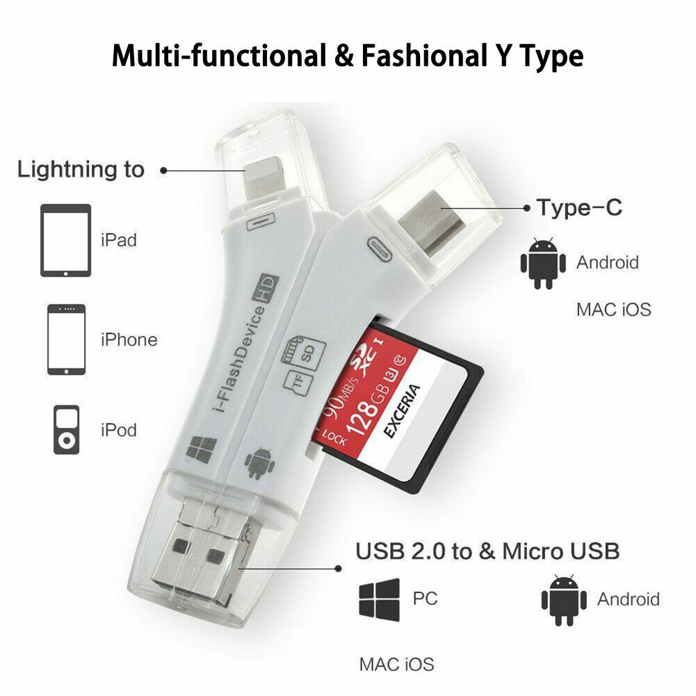 4 in 1 USB Card Reader Flash Drive Micro SD SDHC TF iPhone Android PC MAC Black