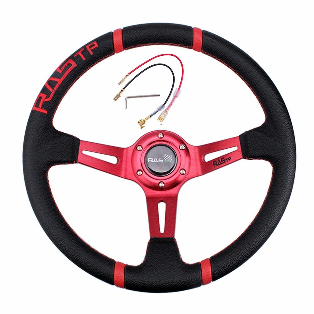 14inch Red Deep Dish Drifting Racing Steering Wheel+Red Quick Release Adapter