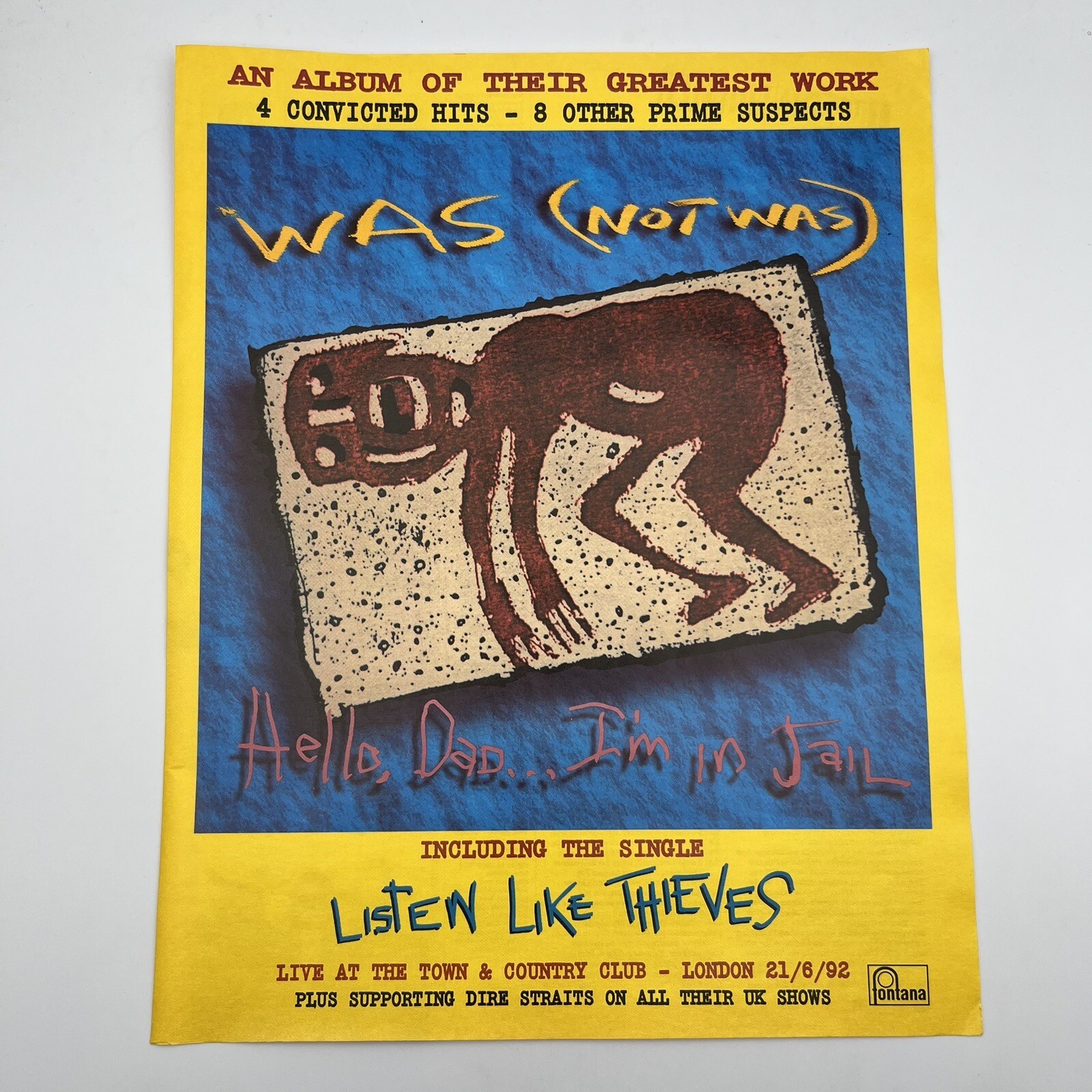 Was Not Was Hello Dad I'm in Jail 1992 Vtg UK Promo Print Ad 10"x12.5" AD ONLY